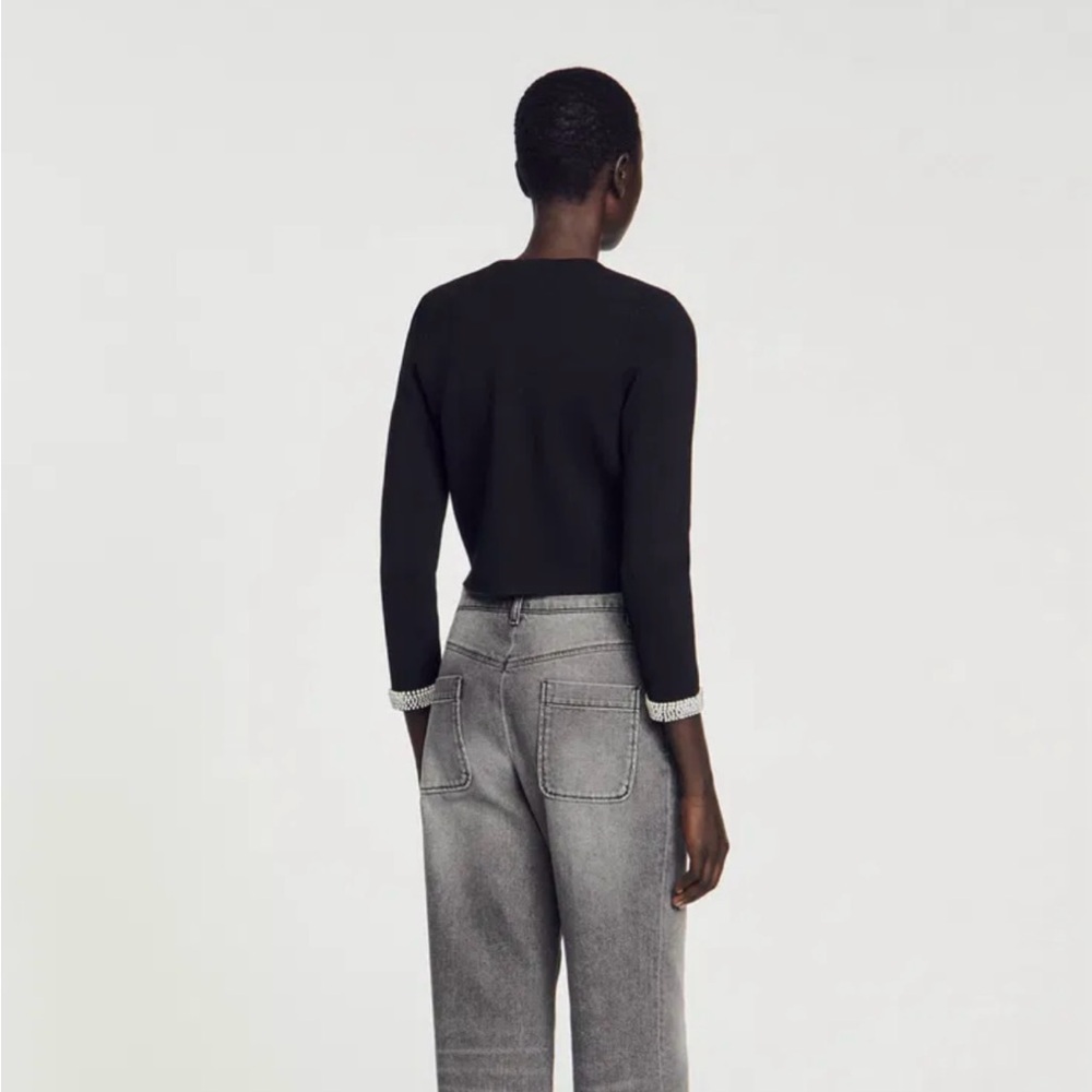 Sandro Black Cropped Cardigan with Crystal Trim - Picture 5 of 15